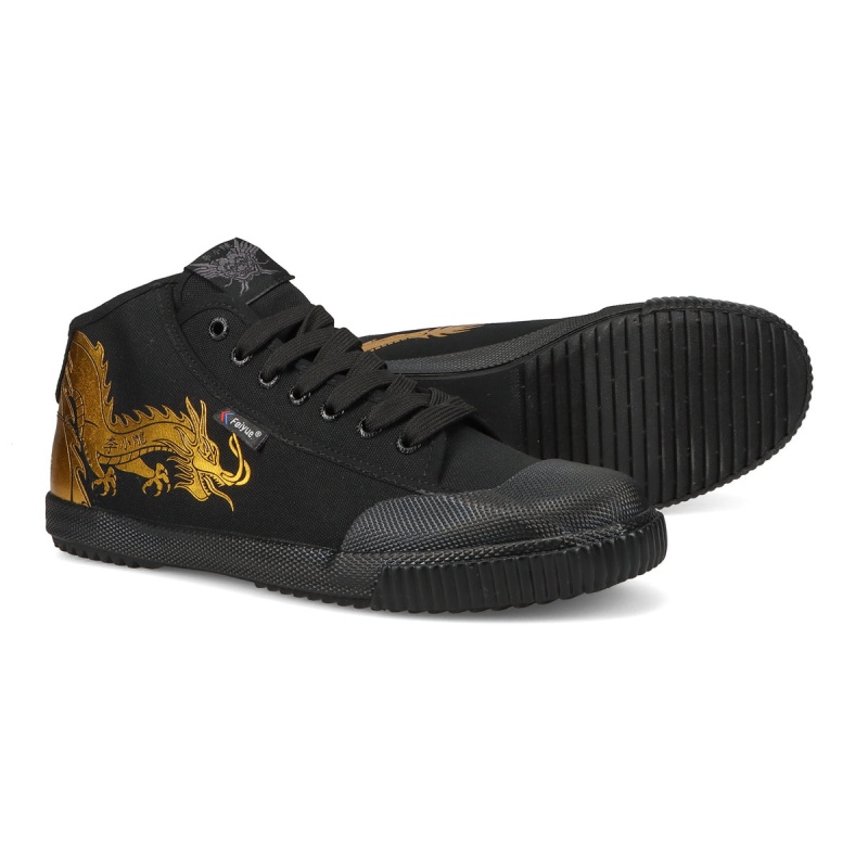 Black / Gold Women's Feiyue Bruce Lee Dragon Fe Mid 1920 Shoes | z04DYxLe