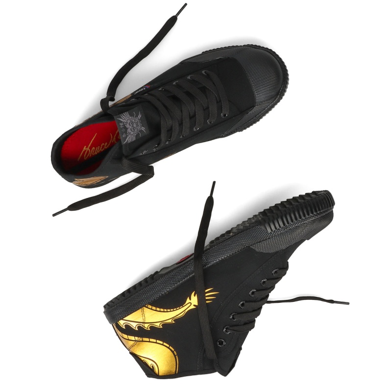 Black / Gold Women's Feiyue Bruce Lee Dragon Fe Mid 1920 Shoes | z04DYxLe